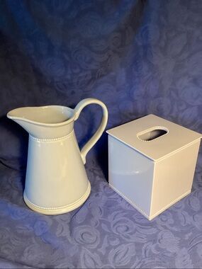 Vintage Powder Blue Martha Stewart Ceramic Pitcher with and Kleenex Holder.